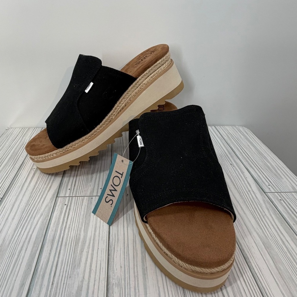 Toms Women's Adria Platform Slip On Slide Wedge Sandals Black/Brown Size 9.5
